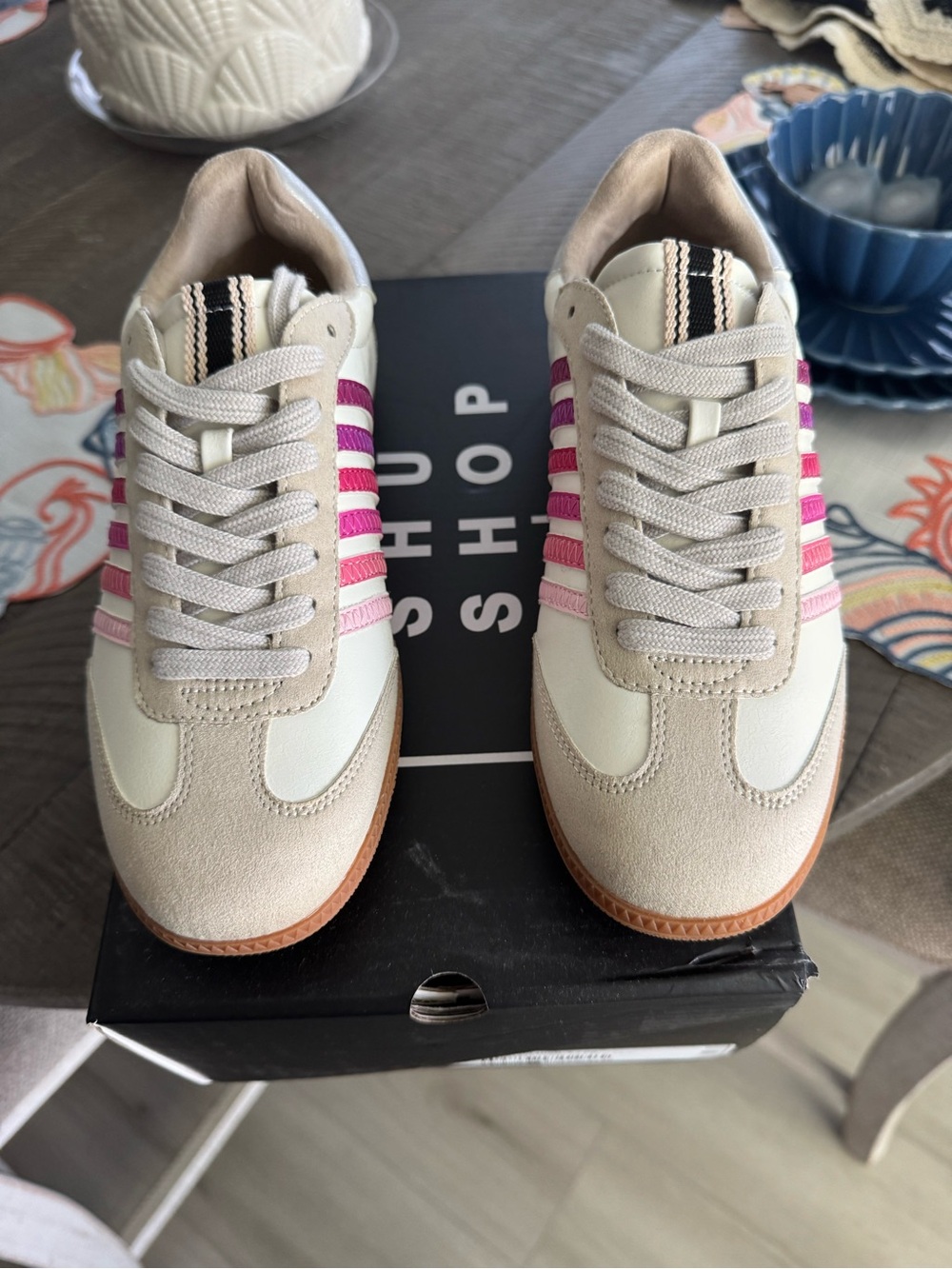 ShuShop Beige Sneakers with Pink Gradient Stripes